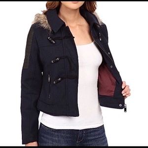 Dollhouse toggle button and full zip pocketed hooded navy cropped coat